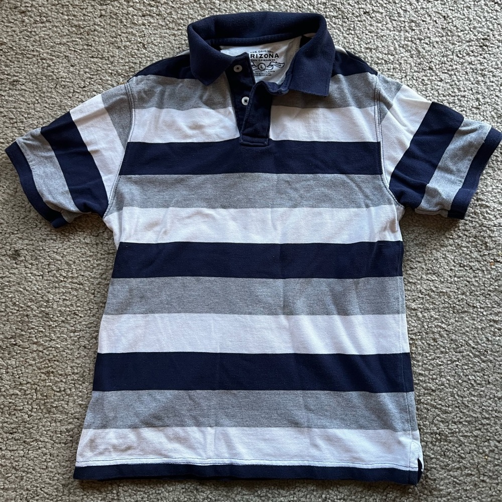 Boys L Arizona Jeans blue/gray/white striped polo - excellent condition